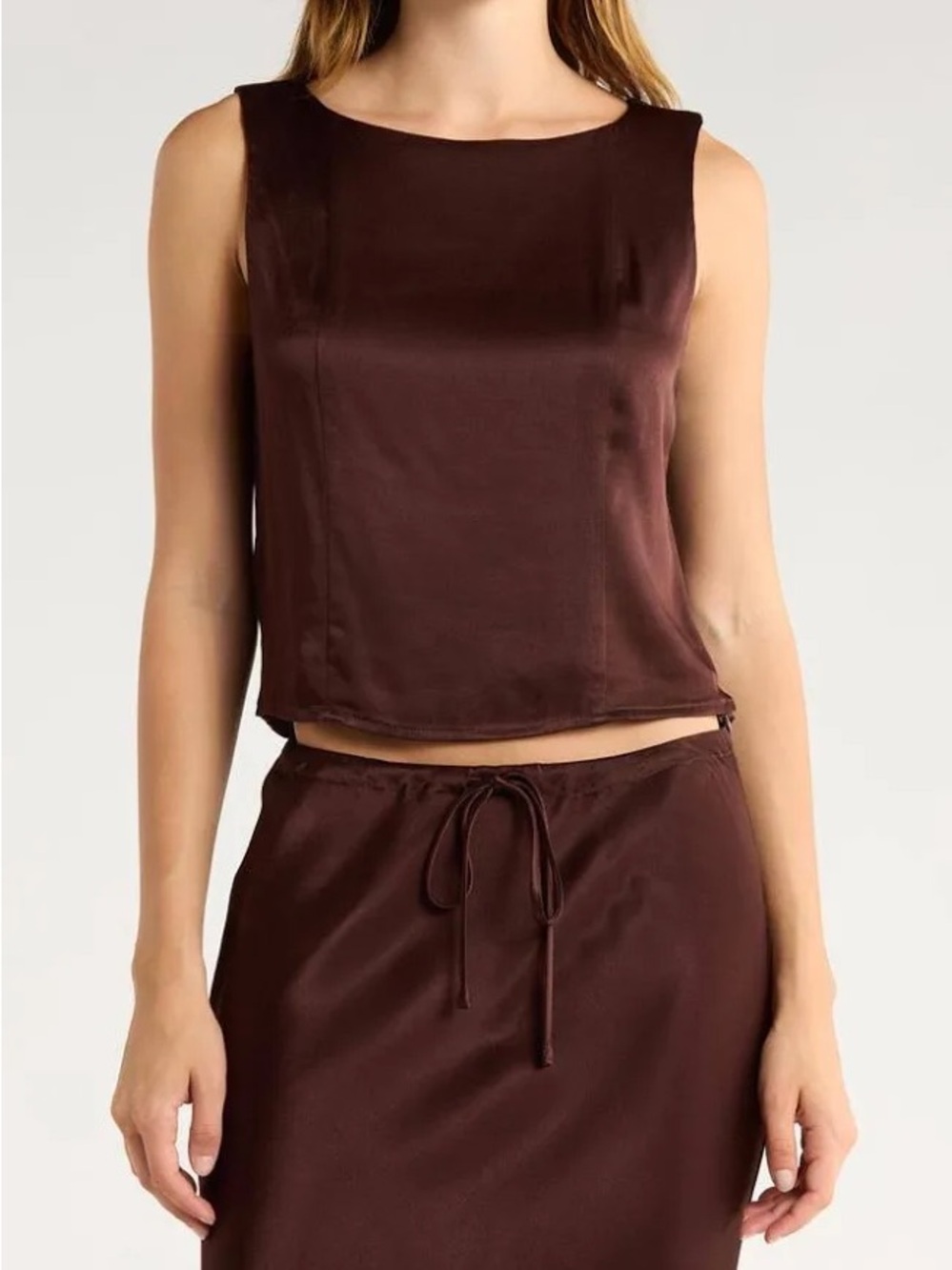 Wayf Chocolate Brown Satin Maxi Skirt/ Tanktop Set